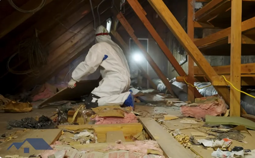 Technician with a flashlight inspecting attic rafters and insulation for rodent activity