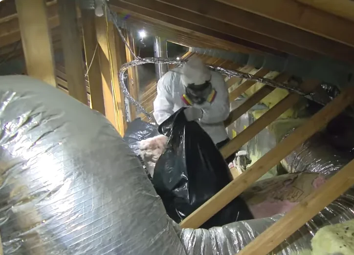 Worker in protective gear bagging rodent-contaminated insulation in an attic