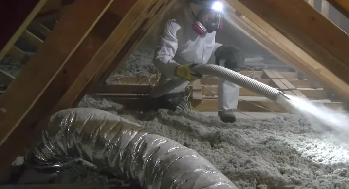 New blown-in insulation being installed in a cleaned attic