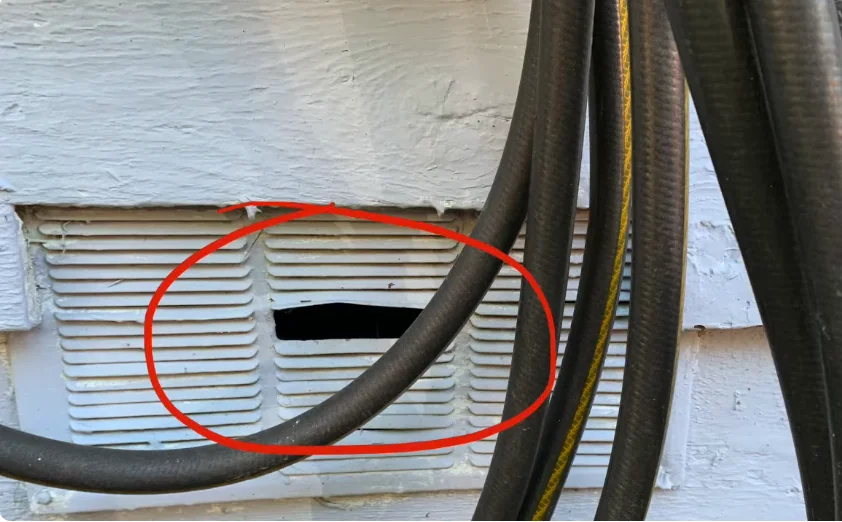 Damaged foundation vent with an opening big enough for rats to get under the house