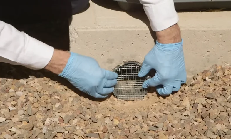 Foundation vent covered with a metal rodent screen
